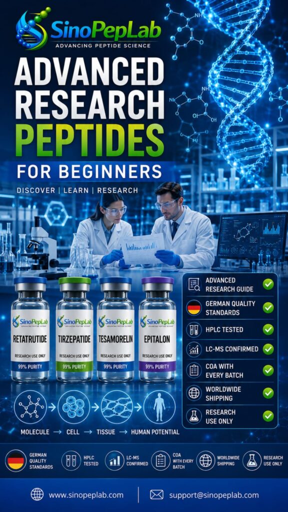 Best Peptides for Beginners in Germany | Complete Research Guide | SinoPepLab Best Research Peptides for Beginners featured image by SinoPepLab showing BPC-157, TB-500, CJC-1295, Ipamorelin, and GHK-Cu research peptides with laboratory quality standards and German-tested research branding.