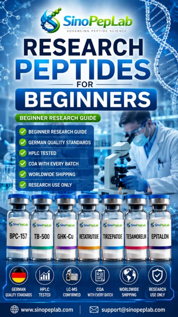 Best Peptides for Beginners in Germany | Complete Research Guide | SinoPepLab Best Research Peptides for Beginners featured image by SinoPepLab showing BPC-157, TB-500, CJC-1295, Ipamorelin, and GHK-Cu research peptides with laboratory quality standards and German-tested research branding.