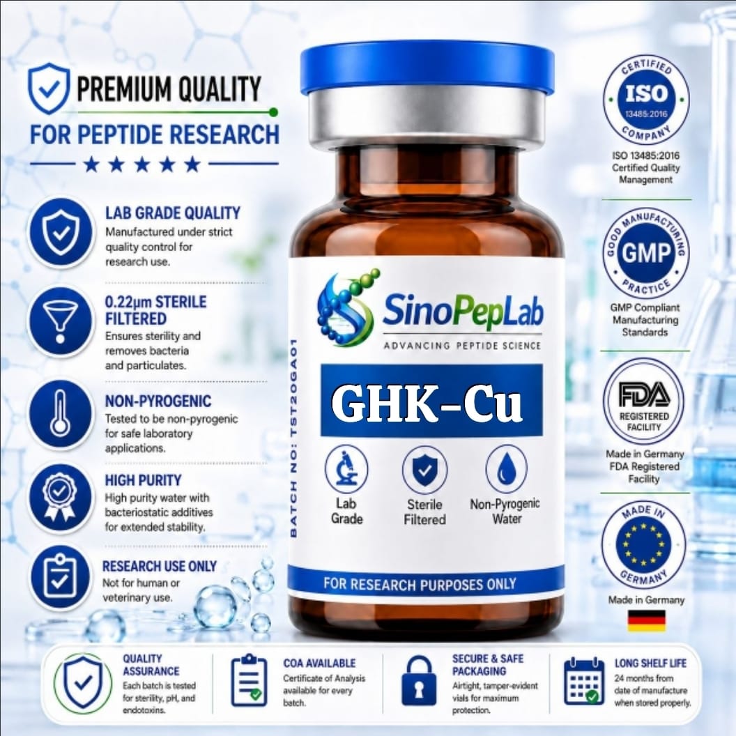 GHK-Cu - High Purity Research Peptide | Laboratory Research Use Only GHK-Cu 10mg high-purity research peptide vial with HPLC tested quality and Certificate of Analysis by SinoPepLab