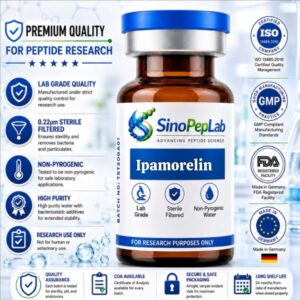 Ipamorelin 10mg high-purity research peptide vial with HPLC-tested quality, LC-MS confirmation, and Certificate of Analysis by SinoPepLab