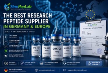 Research Peptide Supplier in Germany Modern peptide research laboratory featuring SinoPepLab quality control, HPLC-tested research peptides, LC-MS verification, Certificate of Analysis (COA), and research peptide manufacturing in Germany and Europe.