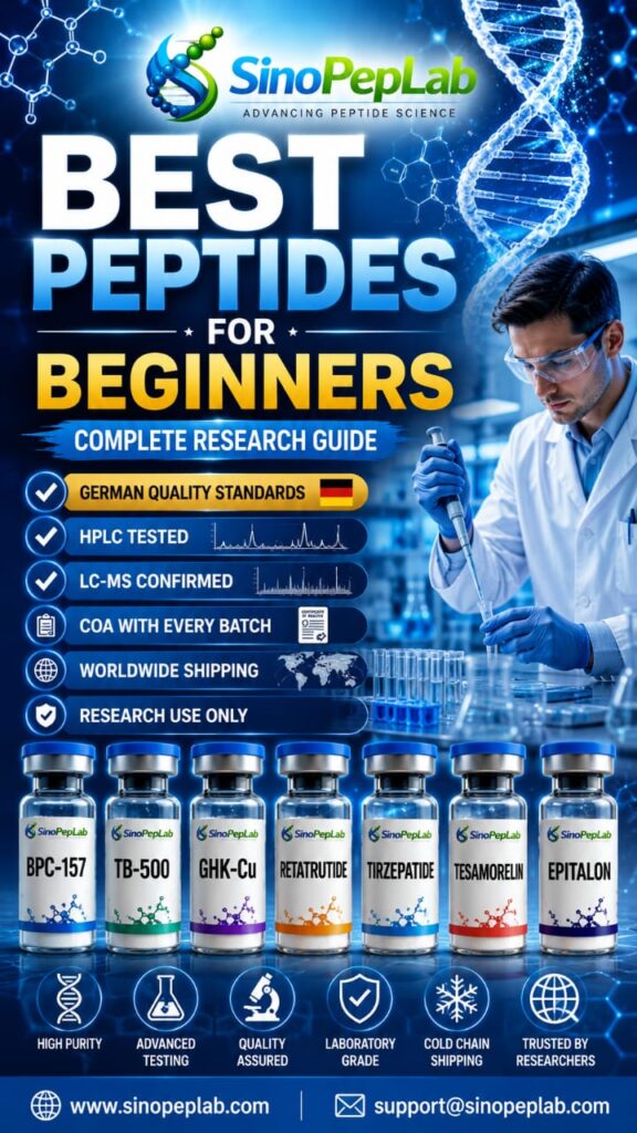 Best Peptides for Beginners in Germany | Complete Research Guide | SinoPepLab Best Research Peptides for Beginners featured image by SinoPepLab showing BPC-157, TB-500, CJC-1295, Ipamorelin, and GHK-Cu research peptides with laboratory quality standards and German-tested research branding.