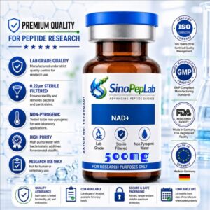 NAD+ 500mg high-purity research compound vial with HPLC-tested quality, LC-MS confirmation, and Certificate of Analysis by SinoPepLab