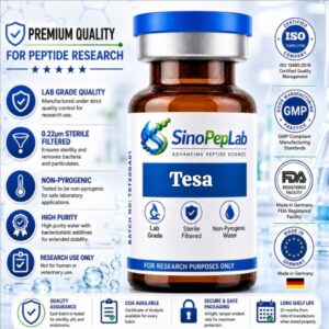 Tesamorelin high-purity research peptide vial with HPLC-tested quality, LC-MS confirmation, and Certificate of Analysis by SinoPepLab
