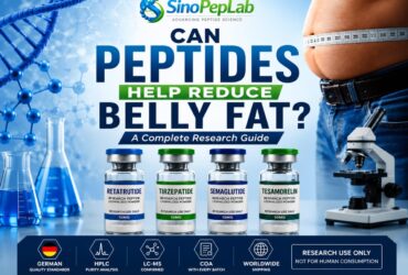 WhatsApp Image 2026-07-15 at 5.57.30 PM Research infographic showing Retatrutide, Tirzepatide, Semaglutide and Tesamorelin with metabolic pathway illustration, German quality standards and SinoPepLab research peptide quality assurance.