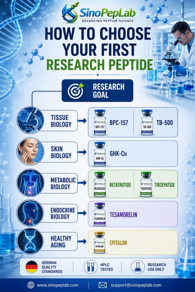 Best Peptides for Beginners in Germany | Complete Research Guide | SinoPepLab Best Research Peptides for Beginners featured image by SinoPepLab showing BPC-157, TB-500, CJC-1295, Ipamorelin, and GHK-Cu research peptides with laboratory quality standards and German-tested research branding.